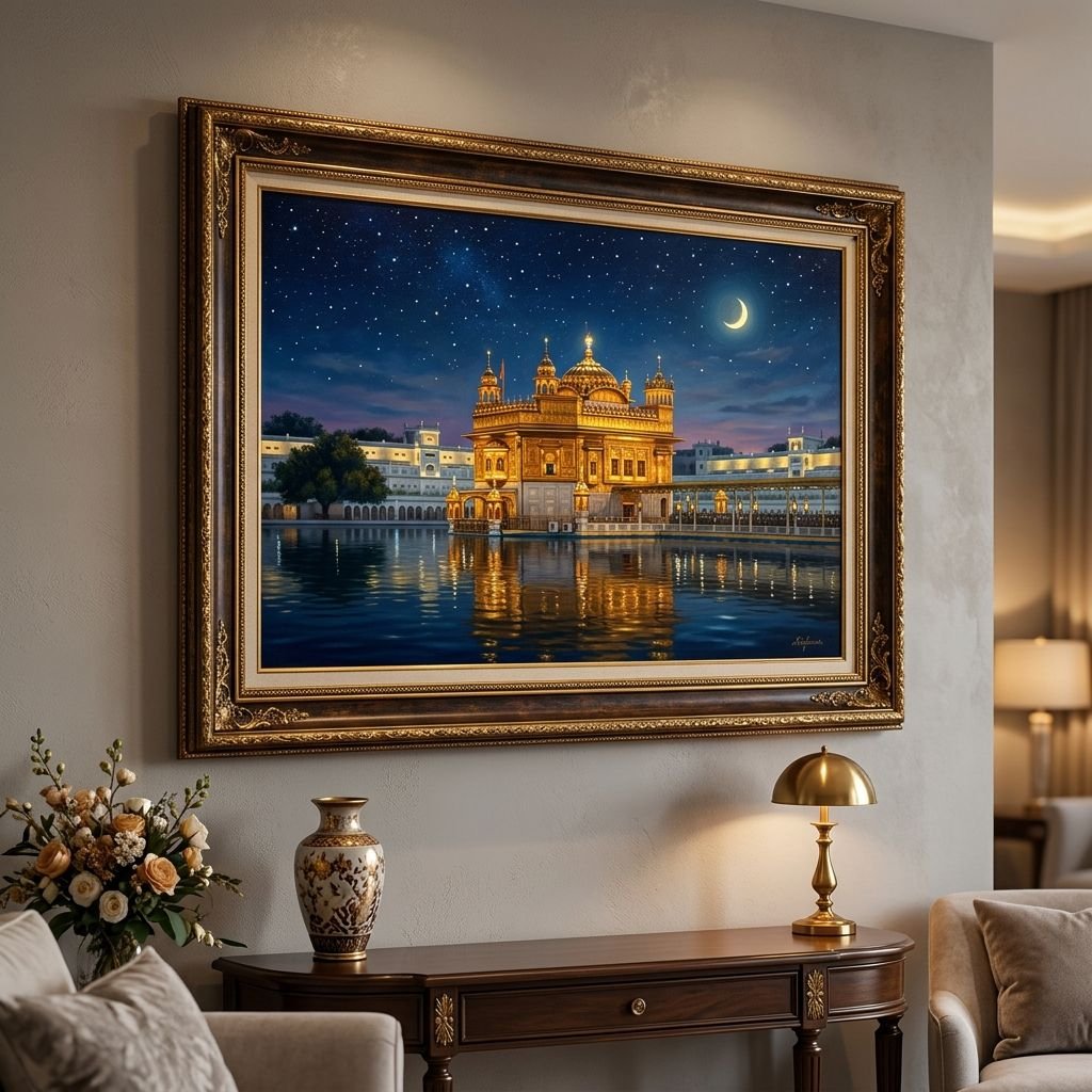 A framed SikhArtStudio canvas of the Golden Temple, displayed above a console table